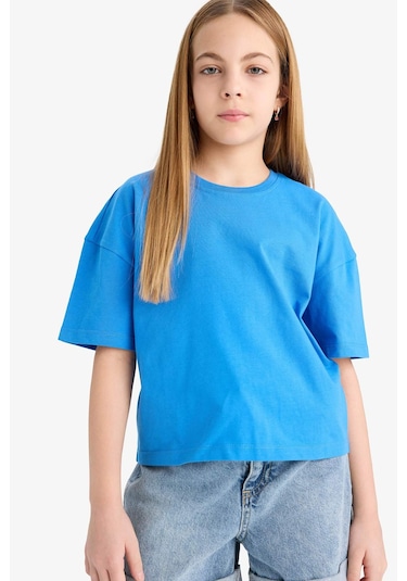 Defacto Kız Çocuk Relax Fit Bisiklet Yaka Basic Düz Kısa Kollu Tişört Z5095a625smbe124 Mavi
