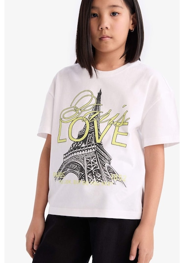 DeFacto Kız Çocuk Relax Fit Bisiklet Yaka Baskılı Kısa Kollu Tişört E0353A825SMWT34 Beyaz