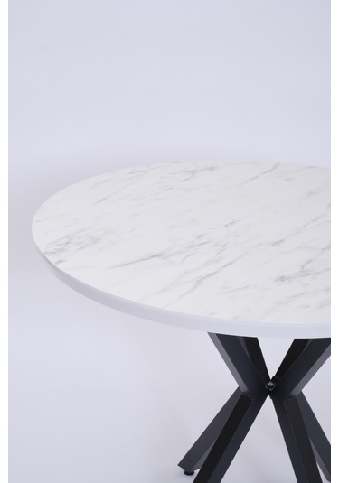 Göksu Yuvarlak Lak Panel Mutfak Masası 100cm Beyaz Mermer