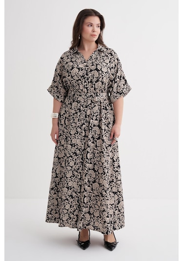 Beli Lastikli Kemerli Uzun Elbise-6218 Krem