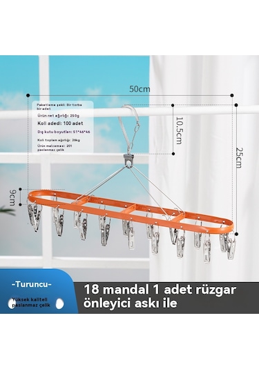 Paslanmaz Çelik Çamaşır Kurutma Rafı 18 Klipsli Çamaşır Kurutma Rafı Rüzgar Geçirmez Klipsli Çamaşır Kurutma Rafı Turuncu