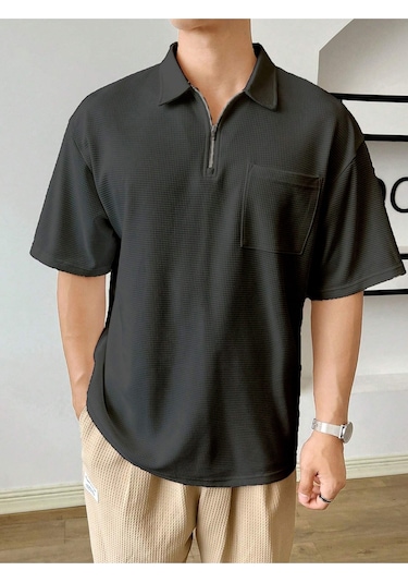 Erkek Oversize Polo Yaka Waffle T-shirt Poloyaka-fermuarlı Füme