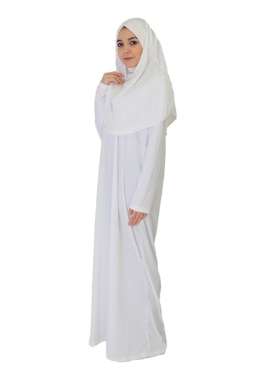 Beyaz Fermuarsız Namaz Elbisesi Beyaz