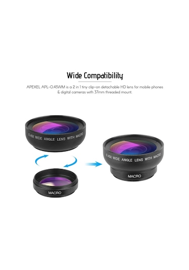 Moveevo Apexel Apl-0.45wm Cep Telefonu Lens Seti: 0.45x Geniş Açı + 12.5x Makro, Lens Klembi, Temizlik Bezi Ve Taşıma Çantası - Siyah