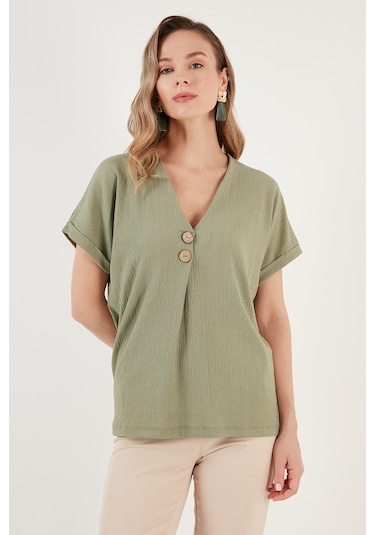 Lela Düğme Detaylı V Yaka Bayan Bluz 5865567 Olive