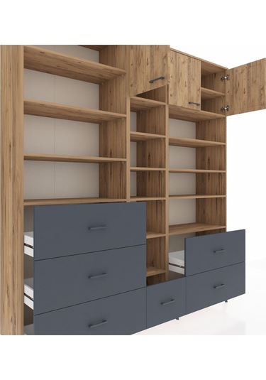 Hyperion Dolap 17 Raflı 6 Çekmeceli 3 Kapaklı 220x44x243 Çam-çam/antrasit Atlas Çam/antrasıt