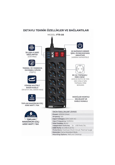 Blic Ftr-08 8 Li Akım Korumalı Priz Ve 3 Usb Girişli Çoklu Priz 2m Kablo 0.2 M