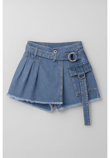 Kadın Yüksek Bel Kemerli Jean Şort Etek Açık Mavi