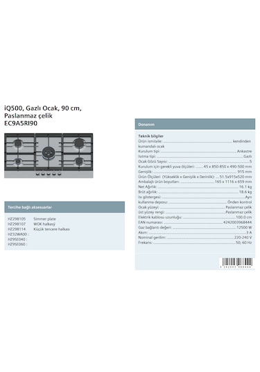 Siemens EC9A5RI90 Ankastre Gazlı 5 Gözlü Ocak