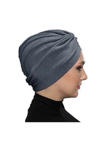 Çapraz Fitilli Penye Koyu Gri Hazır Türban Tesettür Havuz Bonesi Koyu Gri