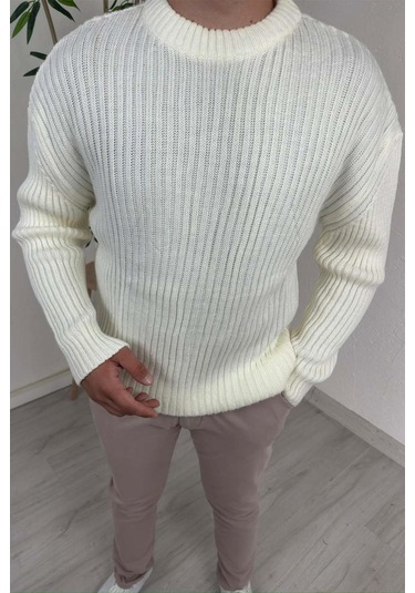 Explode - Erkek Ekru Bisiklet Yaka Oversize Triko Kazak Ekru