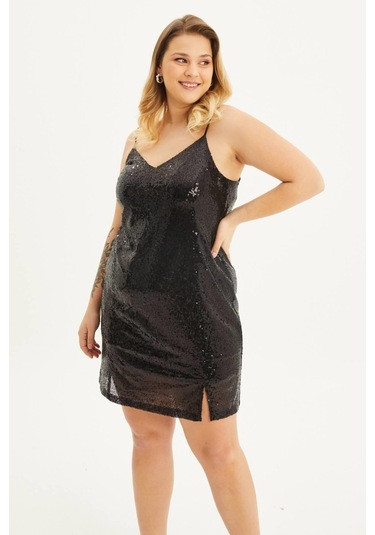 Astarlı Payetli İp Askılı Yırtmaçlı Elbise-1686 Siyah