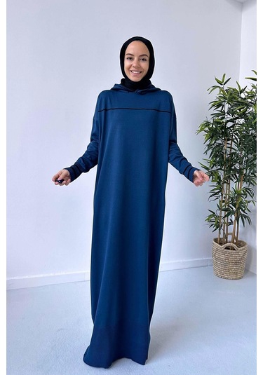Kapüşonlu Merserize Elbise - Petrol Petrol Mavi