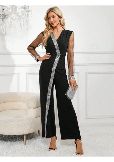 S-pazarım Kadın Uzun V Yakalı Önden Pulpayet Detaylı Tüllü Uzun Ithal Krep Tulum Siyah