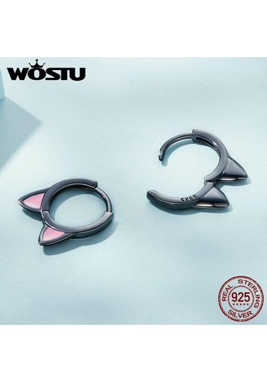Wostu Gerçek 925 Ayar Gümüş Kedi Kulak Hoop Küpe Kadınlar Için Güzel Pembe Sevimli Pet Paw Çıtçıt Klipler Kız Benzersiz Takı Hediye A