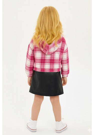 Kız Çocuk Kapüşonlu Ekose Oduncu Sweatshirt Deri Etekli Takım Pembe
