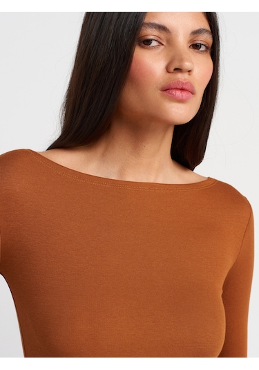 Dilvin 31332 Kayık Yaka Uzun Kollu Top-Kiremit