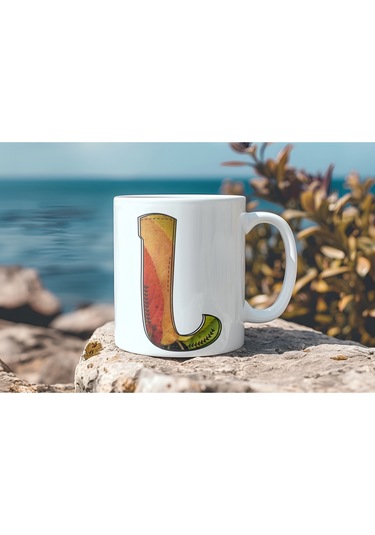 L Harf Yaprak Renkleri İle Kupa Bardak - Kişiye Özel Alfabe Harfli Bardak - Hediye Beyaz