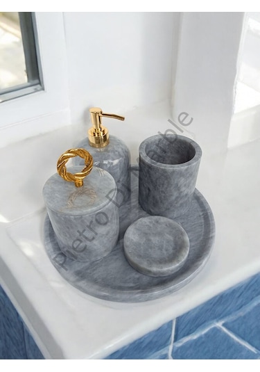 Gri Mermer Klasik Model 5 Parça Gold Renk Halka Aksesuarlı Banyo Seti Gri