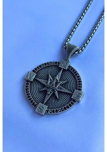 Mızraklı Pusula El İşçiliği Paslanmaz Çelik Zincir Erkek Kolye Gümüş