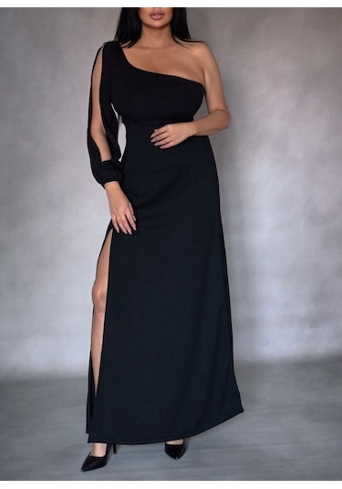 Tek Omuz Açık Derin Yırtmaçlı Krep Tam Boy Elbise Bediva 001