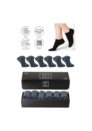 Saysez Bambu Erkek Patik Düz Füme Çorap Dikişsiz Premium Kutulu 6'lı Füme