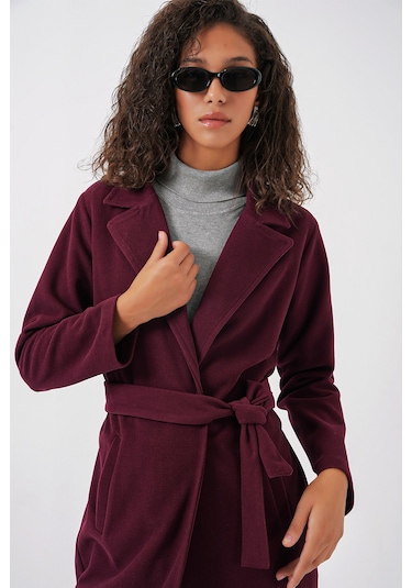 9118 Kruvaze Yaka Kaşe Kaban - Bordo Bordo