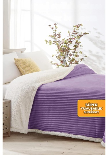 Sherpa Battaniye Çift Kişilik Çizgili Yumuşak Peluş Wellsoft Yatak Örtüsü Lila Lila