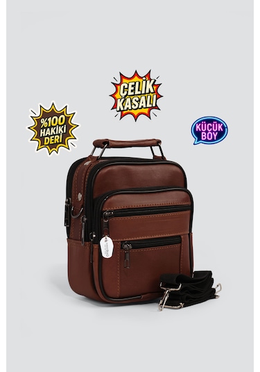 Westbag Erkek Çelik Kasalı Hakiki Deri El Ve Omuz Çantası Ayarlanabilir Askılı Küçük Boy Koyu Taba