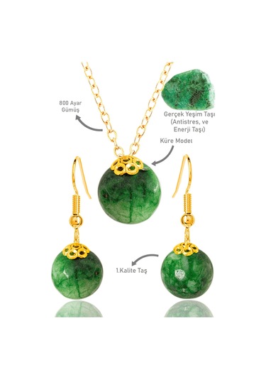 Sertifikalı Küre Model Fasetli Yeşim Taşı Kolye Ve Küpe Seti - Go Çok Renkli