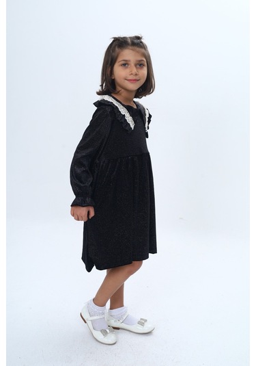 Toontoy Kız Çocuk Yaka Detaylı Fırfırlı Elbise Siyah