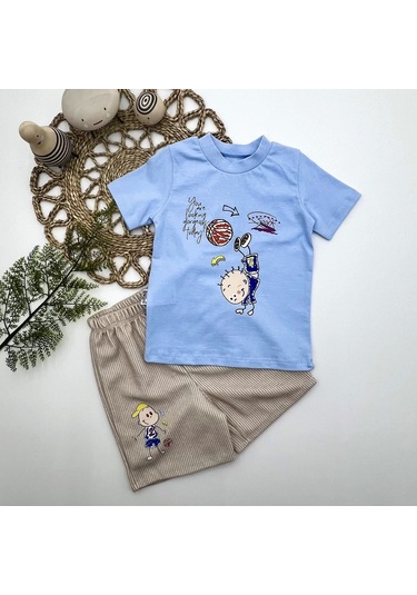 1-2-3 Yaş Topçu Erkek Çocuk Baskılı Şortlu Kısa Kollu Tişört 2li Erkek Bebek Takımı Mavi Mavi