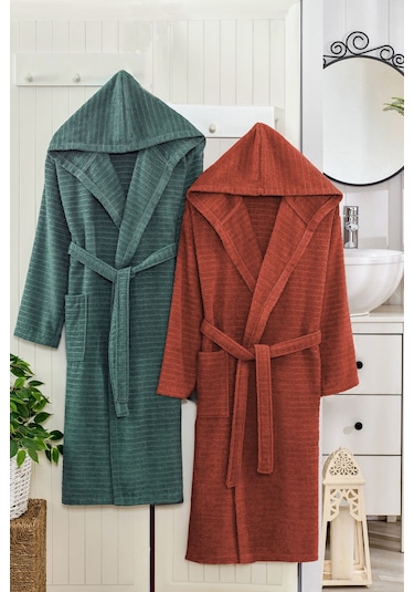 2 Li Kapşonlu Unisex Banyo Bornozu Seti %100 Soft Pamuklu Yeşil - Kiremit