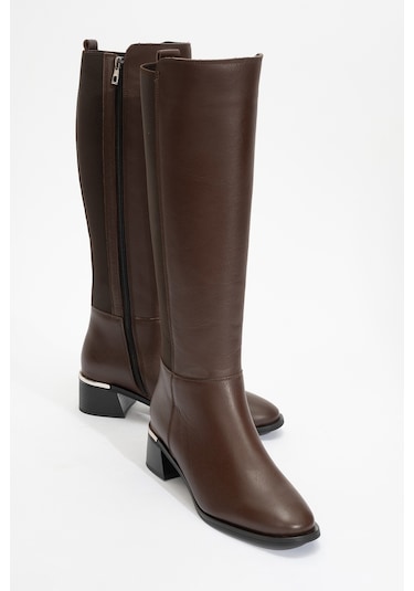 Rochos Kahve Cilt Streç Detaylı Hakiki Deri Kadın Çizme Kahve Rengi