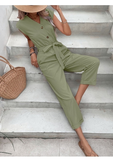 Keten Kadın V Yaka Tek Sıra Düğmeli Kolsuz Tulum 001