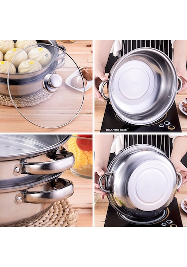 Hangfox 28cm Çift Katlı Paslanmaz Çelik Yemek Tenceresı - Buğulama & Kaynatma Fonksiyonu - Kaliteli Ev Aletı Gri