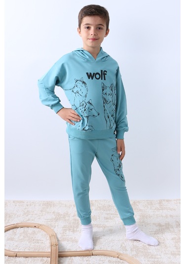 Erkek Çocuk Kapşonlu Eşofman Takımı 4 Mevsim Wolf Baskılı Ribanalı F12 Mavi