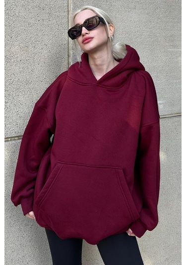 Madmext Bordo Kapüşonlu Şardonlu Oversize Sweatshirt Mg1566 Bordo
