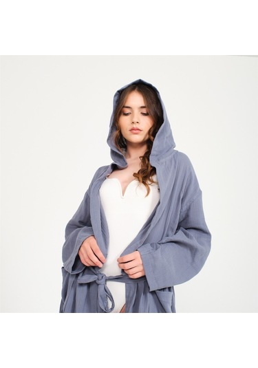 Unisex Kapüşonlu Uzun Müslin Bornoz-Antrasit