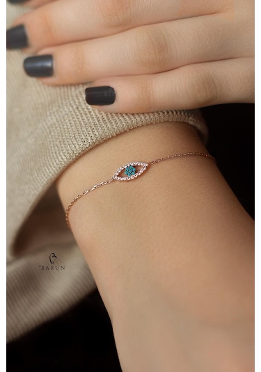 Göz Model Mavi Turkuaz Taşlı Gümüş  Bileklik