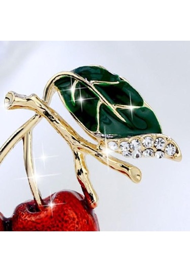Sevimli Kiraz Taklidi Yaprak Emaye Canlı Canlı Kiraz Broş Renk Pin Şal Eşarp Yaka Rozeti Kırmızı - Yeşil