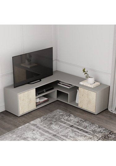 Roza Köşe – Çok Amaçlı, Kapaklı TV Sehpası Gri/Traverten
