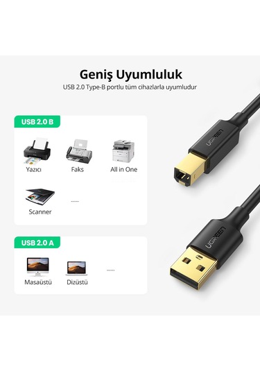 Ugreen Usb-a - Usb-b Yazıcı Tarayıcı Kablosu 2 Metre, Siyah, 20847