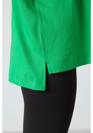Tommy Life Yeşil Penye Modal Yumuşak Tuşeli Oversize Fit Basic Kadın T-shirt- 97285 Yeşil