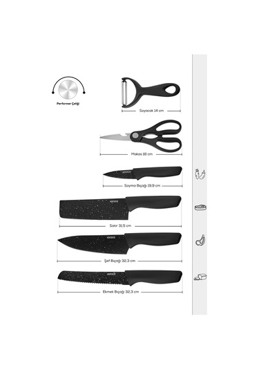 Karaca  Black Stone 6 Parça Makas ve Soyacaklı Bıçak Seti