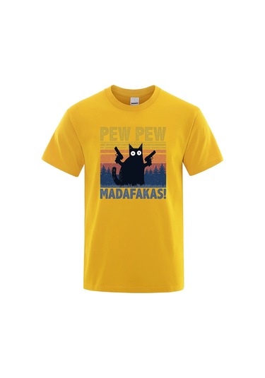 Teekossc Pew Pew Madafakas Erkek Kısa Kollu Komik Kedi T-shirt Vintage Yazlık Ekip Üstü Streetwear Chınayellow Yellow