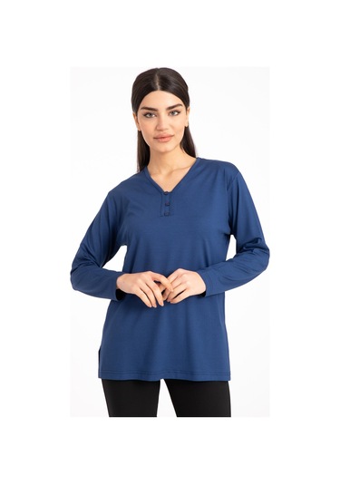 Kadın Orta Yaş ve Üzeri Dört Mevsim V Yaka Rahat Kalıp Likralı Viskoz Anne Penye Bluz 140-İndigo Indigo
