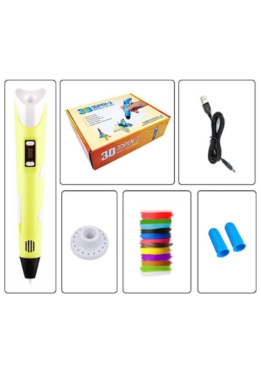 Sarı 3D Kalem 3D Pen Yazıcı Kalem – 10 Adet 5 Metrelik PLA Filament (Toplam 50M) + USB Kablo