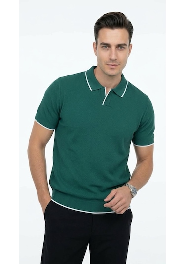 Plus Scorpion Erkek Pike Dokulu Triko Polo Yaka Tişört Slim Fit Şerit Detaylı Yazlık Model Yeşil