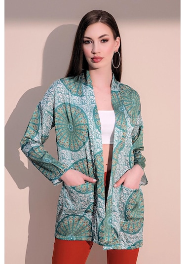 Kadın Yeşil Etnik Desen Yeni Moda Saten Çift Cepli Salaş Kimono Ceket - Tesettüre Uygun Yeşil